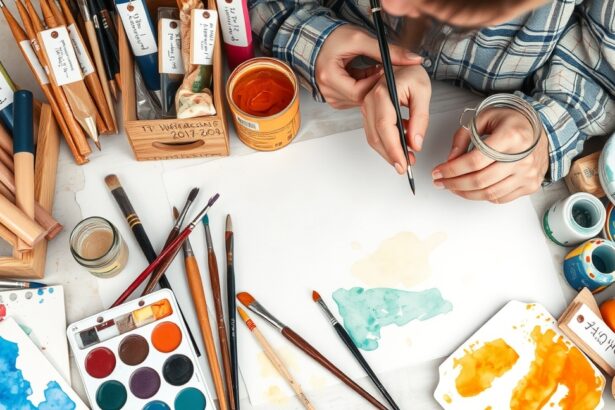 Akvarell festéshez szükséges eszközök asztalon, folyamatban lévő kép