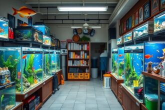 Akvarisztikai bolt akváriumokkal és halakkal