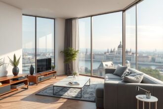 Modern lakás Budapesten a pesti oldalon, Dunai panorámával.