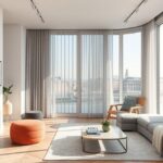 Modern nappali Budapest panorámával a Duna partján.