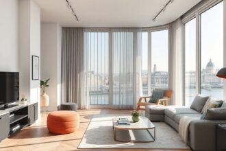 Modern nappali Budapest panorámával a Duna partján.