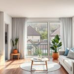 Modern vidéki albérlet nappali 2025-ben, szép kilátással.