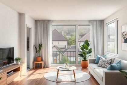 Modern vidéki albérlet nappali 2025-ben, szép kilátással.