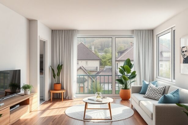 Modern vidéki albérlet nappali 2025-ben, szép kilátással.