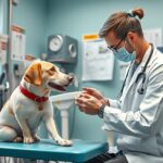 Állatorvos vizsgál egy kutyát egy rendelőben.
