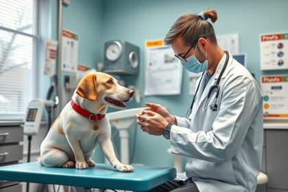 Állatorvos vizsgál egy kutyát egy rendelőben.