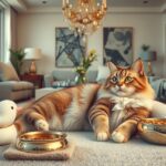 Gyönyörű macska környezet barátságos lakásban játékokkal és tálcával