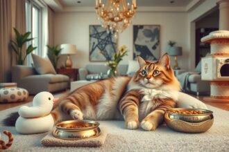 Gyönyörű macska környezet barátságos lakásban játékokkal és tálcával