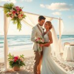 Fiatal pár esküvője tengerparton, virágdekorációval