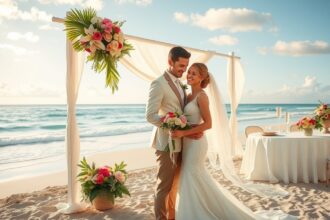 Fiatal pár esküvője tengerparton, virágdekorációval