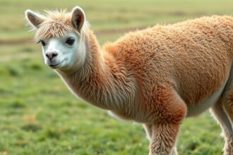 Alpaka fiatal állat a réten, barátságos arckifejezéssel