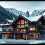 Luxusház Svájc alpesi környezetben, hóval borítva.