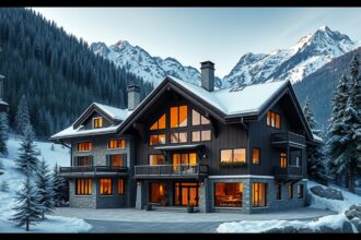 Luxusház Svájc alpesi környezetben, hóval borítva.