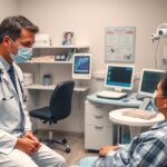 Orvosi vizsgálat folyamatban, orvos és beteg interakciója.