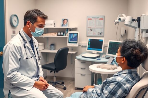 Orvosi vizsgálat folyamatban, orvos és beteg interakciója.