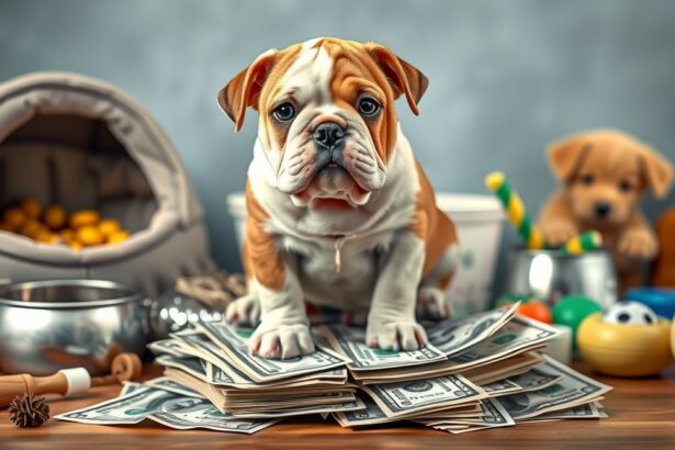 Angol bulldog pénzben állva játékokkal és etetőtálakkal körülvéve.