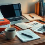 Tanulási eszközök angol nyelvhez, kávé és jegyzetek az asztalon