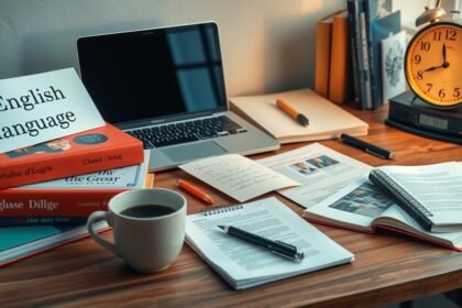 Tanulási eszközök angol nyelvhez, kávé és jegyzetek az asztalon