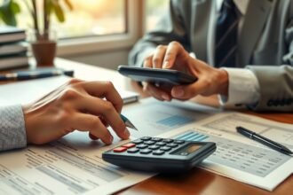 Két ember állampapírról beszélget, pénzügyi dokumentumok felett.