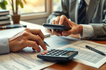 Két ember állampapírról beszélget, pénzügyi dokumentumok felett.