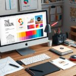 Modern design workspace with computer, branding materials and stationery.