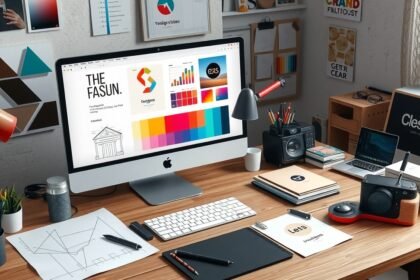 Modern design workspace with computer, branding materials and stationery.