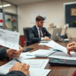 Autó átírási ügyintézés egy irodában, papírok és számológép a munkaasztalon.