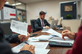 Autó átírási ügyintézés egy irodában, papírok és számológép a munkaasztalon.