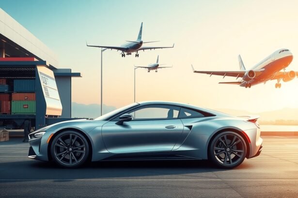 Modern autó veszélyesen közel a repülőtérhez és szállító járműhöz.