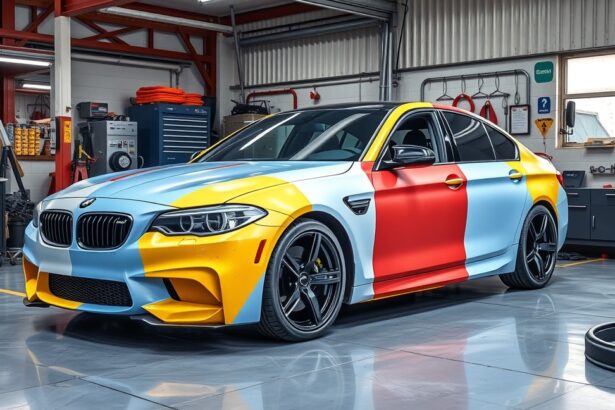 Fóliázott BMW autó a műhelyben