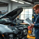 Autószerelő motorcserére készül, autószerelő műhely belső területe.