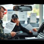 Két férfi autóátírási dokumentumokat néz át egy autószalonban.