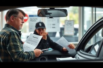 Két férfi autóátírási dokumentumokat néz át egy autószalonban.