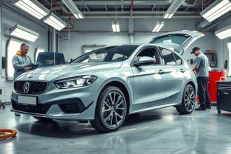 Modern autófényező műhely aktív munkáját bemutató képe.