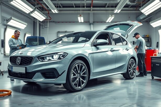 Modern autófényező műhely aktív munkáját bemutató képe.