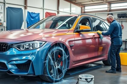 Autófényezés folyamata egy BMW-n, műhelyben dolgozó szakemberrel.