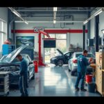 Autószerelő műhely két munkással, modern felszereléssel.