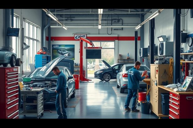 Autószerelő műhely két munkással, modern felszereléssel.