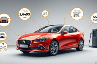 Piros autó a vásárlási és biztosítási költségek részletezésével.