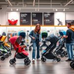 Különböző babakocsik kiállítva egy boltban