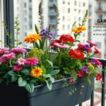 Színes virágokkal teli balkonláda a teraszon.