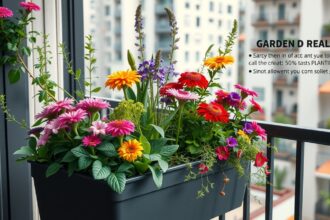 Színes virágokkal teli balkonláda a teraszon.