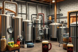 Modern sörfőző berendezések és italok a főzőhelyiségben