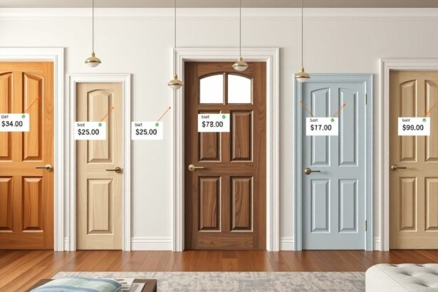 Színes beltéri ajtók különböző árakkal a falon.