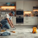 Férfi padló burkolás közben a modern konyhában