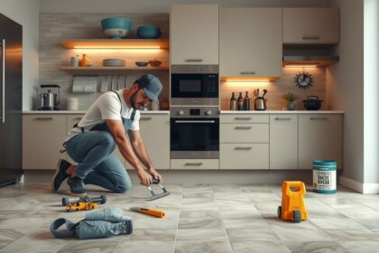 Férfi padló burkolás közben a modern konyhában