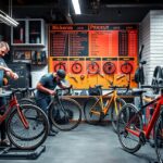 Biciklik szervizelése a műhelyben, kerékpáros karbantartás folyamatban.