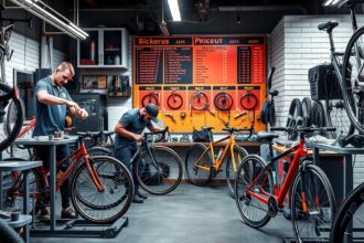 Biciklik szervizelése a műhelyben, kerékpáros karbantartás folyamatban.