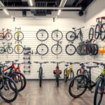 Biciklik egy kerékpárboltban, különböző típusok és színek