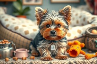 Biewer yorki kölyök játékokkal egy otthonos környezetben